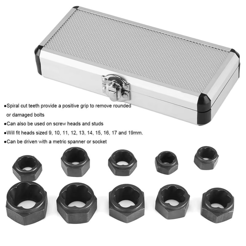 WEEKS Innensechskant Set zur Entfernung beschädigter Bolzen, Muttern und Schrauben, 10-teilig, 9-19 mm, Werkzeugset für Bohrer und Reparaturen - Bild 5