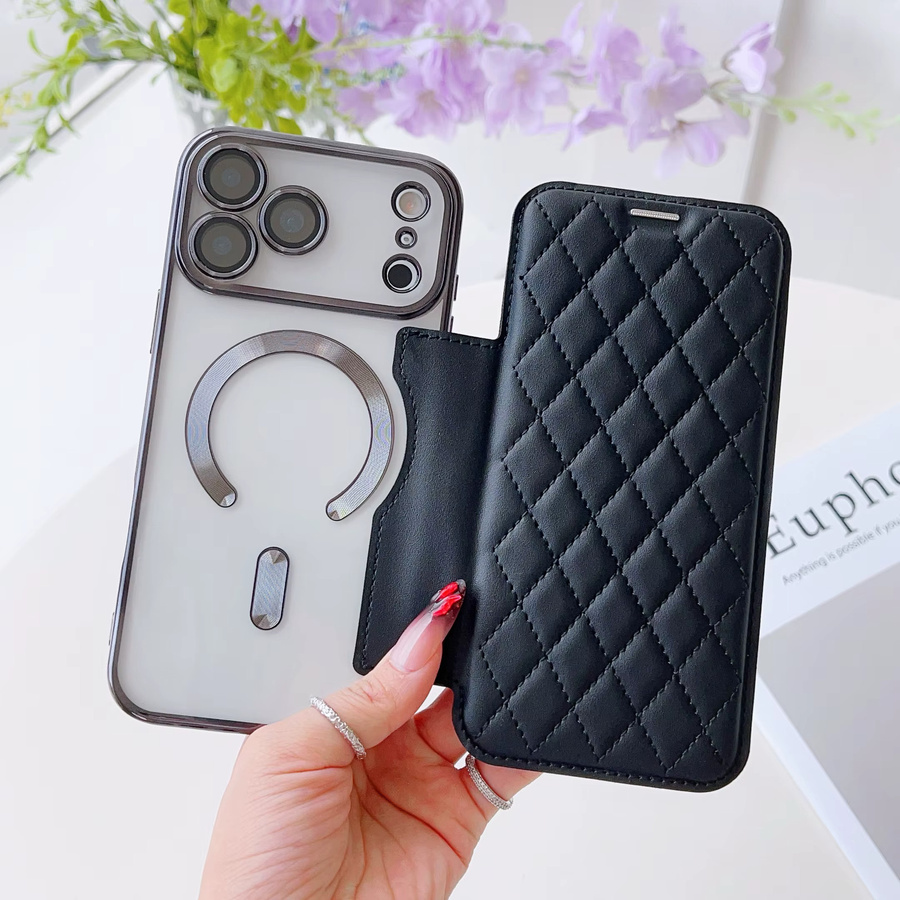 Luxus Mesh Flip Handyhülle aus PU-Leder mit magnetischer Aufladung für iPhone 17, 16, 15 Pro Max, 17 Air und 15 Plus in Gold oder Schwarz - Bild 2