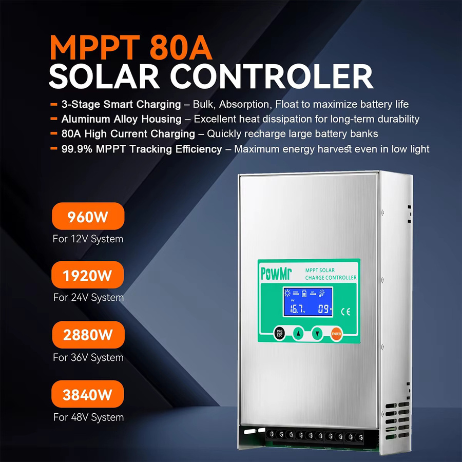 PowMr 80A MPPT Solar Laderegler für Blei- und Lithiumbatterien, 12V/24V/36V/48V, max. PV-Eingang 1200W/2400W/3600W/3840W, PV-Spannung 20-150V mit LCD-Display und Schutzfunktionen - Bild 2
