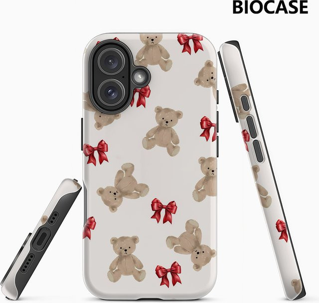 Handyhülle mit Teddybären und roten Schleifen für Apple iPhone 17 16 15 14 13 12 Pro Max Plus, doppelschichtige Rückseite, rot und mehrfarbig - Bild 1