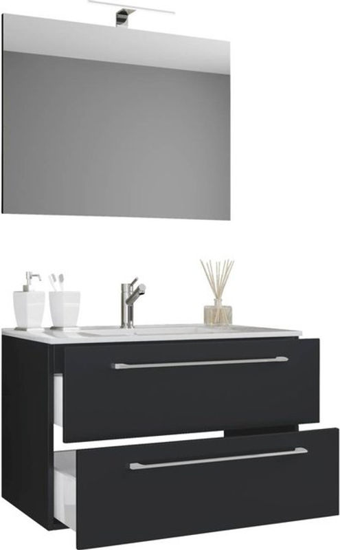 VCM Badinos 3-tlg. Badmöbel Set hängend in Weiß und Schwarz mit Keramik-Waschtisch, Unterschrank mit zwei Schubladen und Spiegel, B/H/T: 80 x 50 x 46 cm - Bild 2