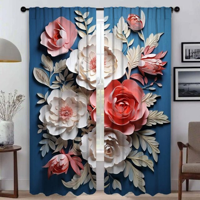 2er-Set halbtransparente Vorhänge mit 3D-Blumenmuster in Blau für dein Wohnzimmer, Breite: 50 cm, Höhe: 70 cm - Bild 1