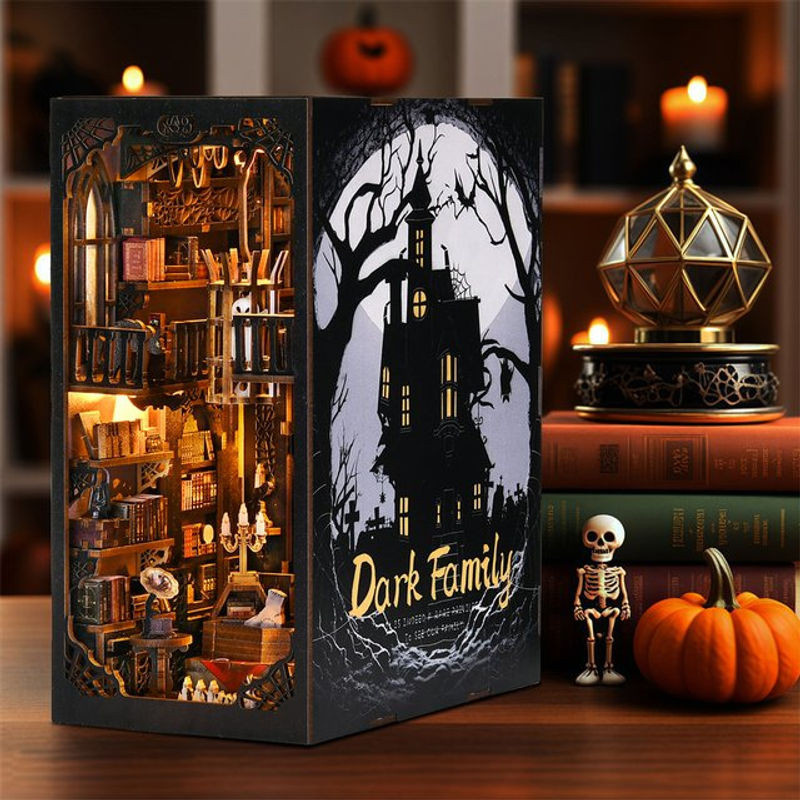 ASLOWSNAIL Book Nook Kit Dark Family DIY Holzpuzzle im Gothic-Stil für Halloween, schwarzes Modell für das Bücherregal als dekorative Buchstütze - Bild 1