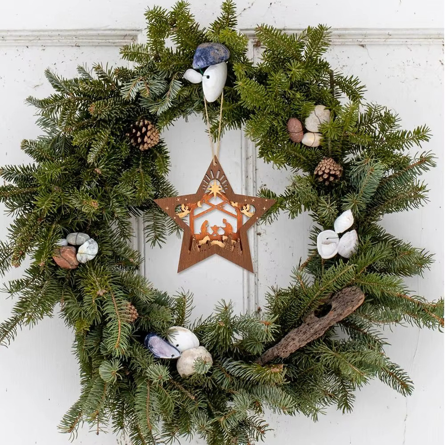 Handgefertigter Weihnachtsbaumschmuck aus Holz in Sternform als Krippen-Dekoration, Farbe Braun - Bild 5