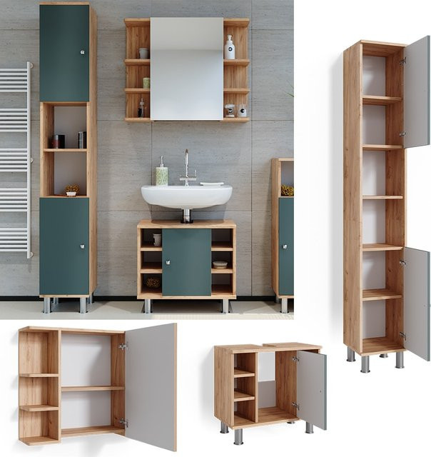 Vicco Badmöbelset Fynn in Eiche Grün mit Spiegelschrank, Unterschrank und Hochschrank - Bild 1
