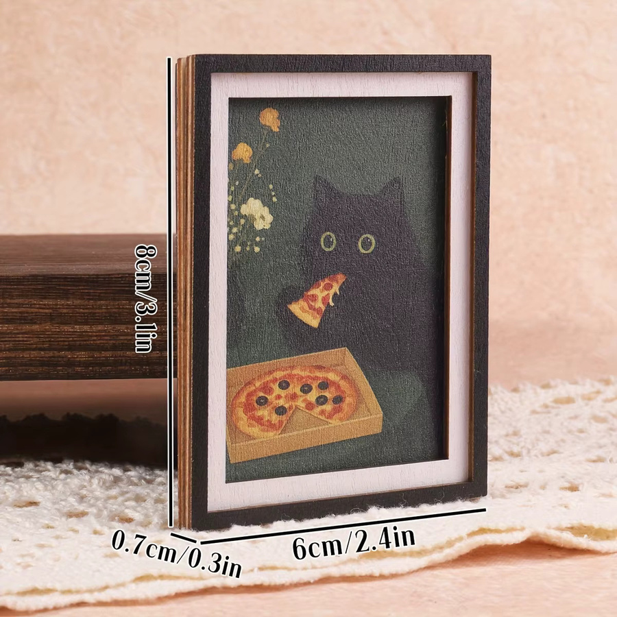 Exquisiter Mini 3-Schicht-Fotorahmen Kühlschrankmagnet mit Schwarzer Katze und Pizza-Muster in Schwarz und Multicolour aus Holz - Bild 3