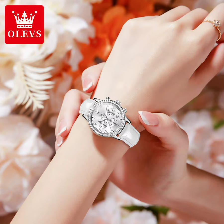 OLEVS Armbanduhr, Chronograph, Diamantbesetzt, Leder, Damen, Weiß - Bild 2