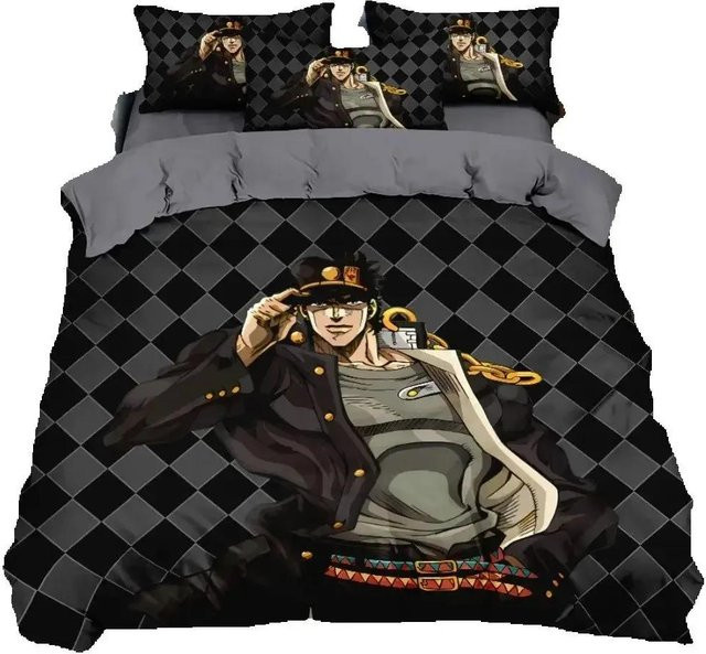 JoJo Bizarre Adventure Bettwäsche-Set mit Jotaro Kujo Motiv, 3-teiliges Set aus Bettbezug und Kissenbezügen aus Mikrofaser, Schwarz, B/H: 140 x 200 cm - Bild 1