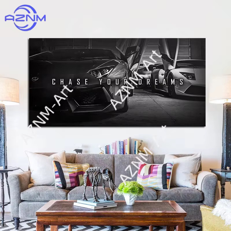 Motivations-Poster Verfolge Dein Traum Zitat als Leinwanddruck mit Luxus-Sportwagen Motiv in Schwarz für dein Büro oder dein Zuhause - Bild 2