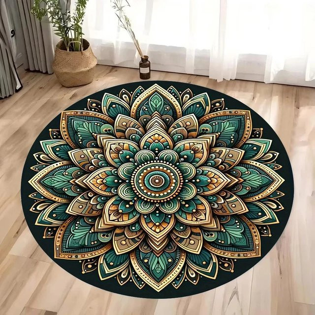 VIKAMA Mandala Chakra-Kreisteppich in Multicolour, rutschfester Boho-Teppich für Yoga und Meditation, Durchmesser: 60 cm - Bild 1