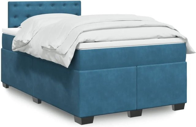 vidaXL Boxspringbett mit Matratze in Blau, Hybrid-Design aus Samt und Massivholz mit USB-Ladeport und Unterbettbeleuchtung, B/T: 120 x 200 cm - Bild 1