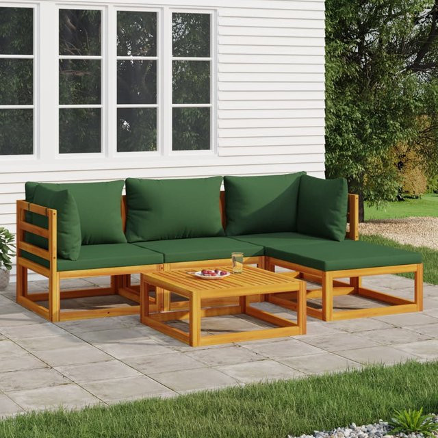 vidaXL 5-tlg Garten-Lounge-Set aus Akazien-Massivholz mit grünen Polsterkissen in L-Form - Bild 3