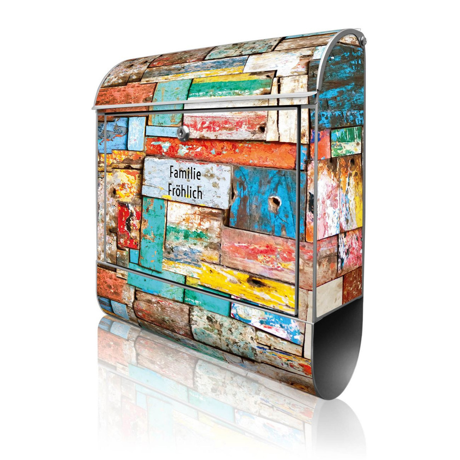 Banjado Briefkasten aus Stahl in Silber mit Motiv Bunte Holzschindeln, pulverbeschichtet mit Zeitungsfach und A4 Einwurf, B/T/H: 38 x 13 x 47 cm - Bild 1