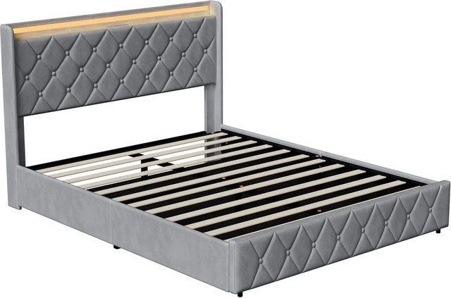 PXloue Doppelbett Grau mit LED-Beleuchtung, Ladestation und Schubladen, B/T/H: 140 x 200 x 45 cm - Bild 1