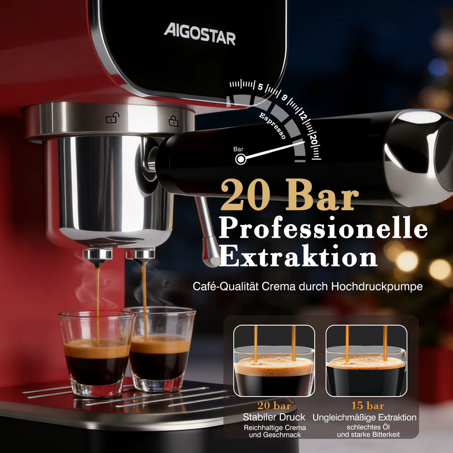 Aigostar Espresso Siebträgermaschine in Rot aus Edelstahl mit 20 Bar Druck, Digitalem Touchpanel, Milchaufschäumer und 0,9 l Wassertank, kompatibel mit Kapseln und gemahlenem Kaffee - Bild 2