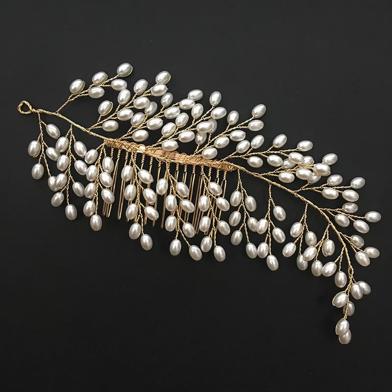 FirstStar Haarkamm, Goldfarbe, Blattform, Perle, Damen - Bild 2