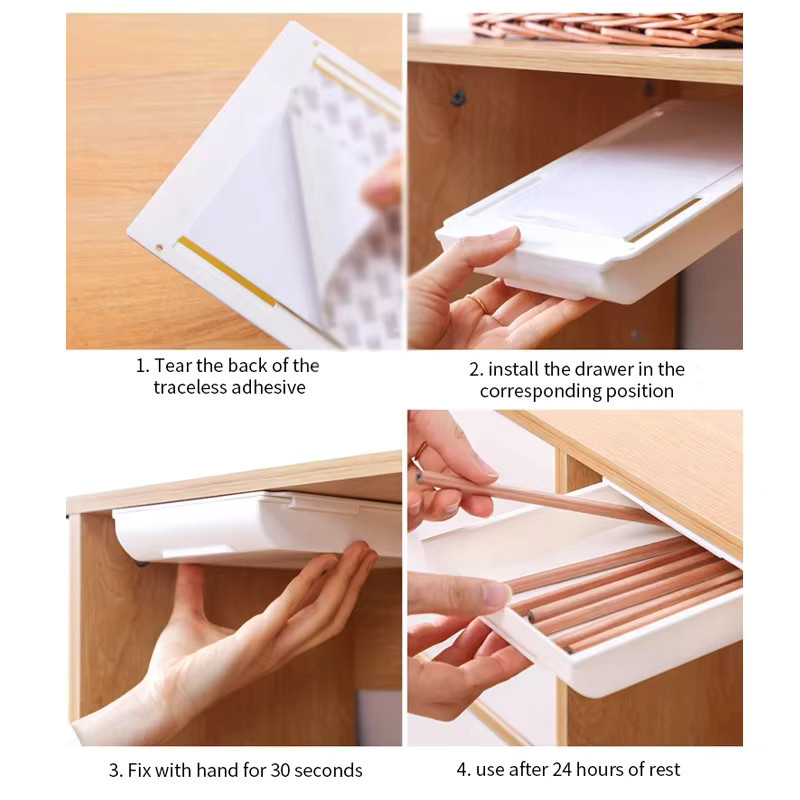 Selbstklebende Schreibtisch-Aufbewahrungsbox aus Kunststoff in Weiß mit mehreren Fächern für Schreibwaren und Kosmetik - Bild 4