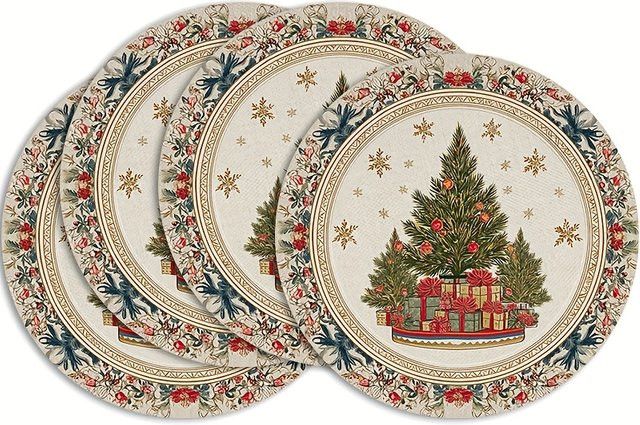 VIKAMA 4-teiliges Weihnachts-Tischset Set mit Blumenmuster, Weihnachtsbaum und Schleifen für deine Tischdekoration - Bild 1