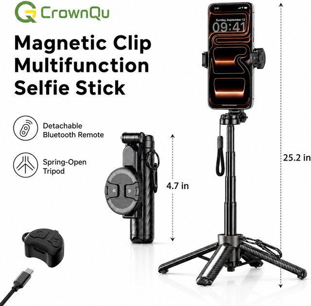 CrownQu Tragbarer magnetischer Selfie-Stick in Schwarz mit Bluetooth-Fernbedienung und multifunktionalem Telefonhalter für iPhone und Android - Bild 1