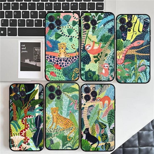 Handyhülle aus weichem Silikon mit Dschungelkunst-Illustration Snake Cats Faultier in Multicolour für iPhone 16 15 14 13 12 11 Pro Max Mini XS Plus X Cover von Potdemiel - Bild 1
