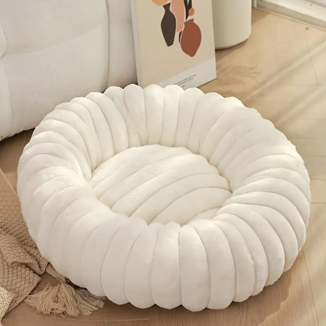 WTEMPO Plüsch-Haustierbett für Katzen und kleine Hunde, rundes Winternest aus Mikrofaser in Weiß, Durchmesser: 40 cm - Bild 1