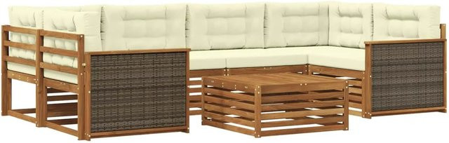 vidaXL Outdoor-Sofagarnitur L-Form aus Akazienholz mit 7 Kissen in Natur und Creme - Bild 1