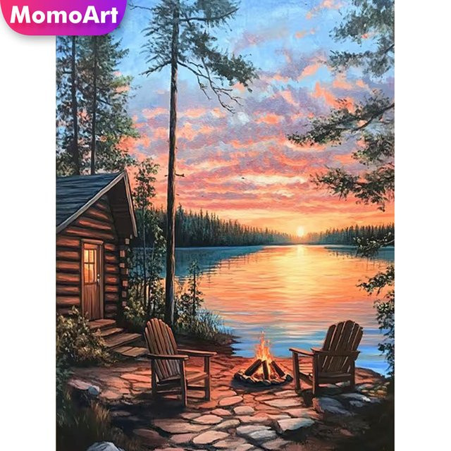 Momoart Diamant-Mosaik Bastelset Sonnenuntergang-Landschaft mit Fluss, DIY Diamantmalerei in Multicolour, B/H: 30 x 20 cm - Bild 1