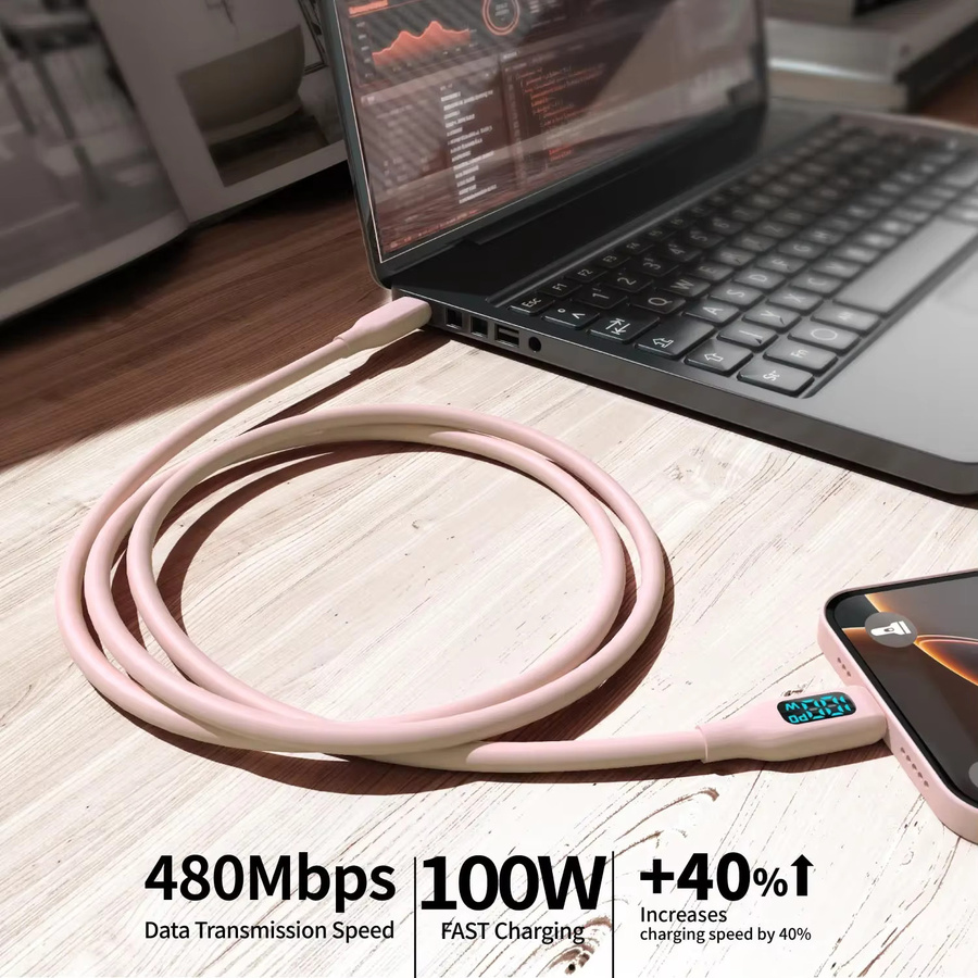 KakuuCa USB-C-Kabel 2er-Pack in Pink mit LED-Anzeige für 100W Schnellladung, Länge: 1 m - Bild 2
