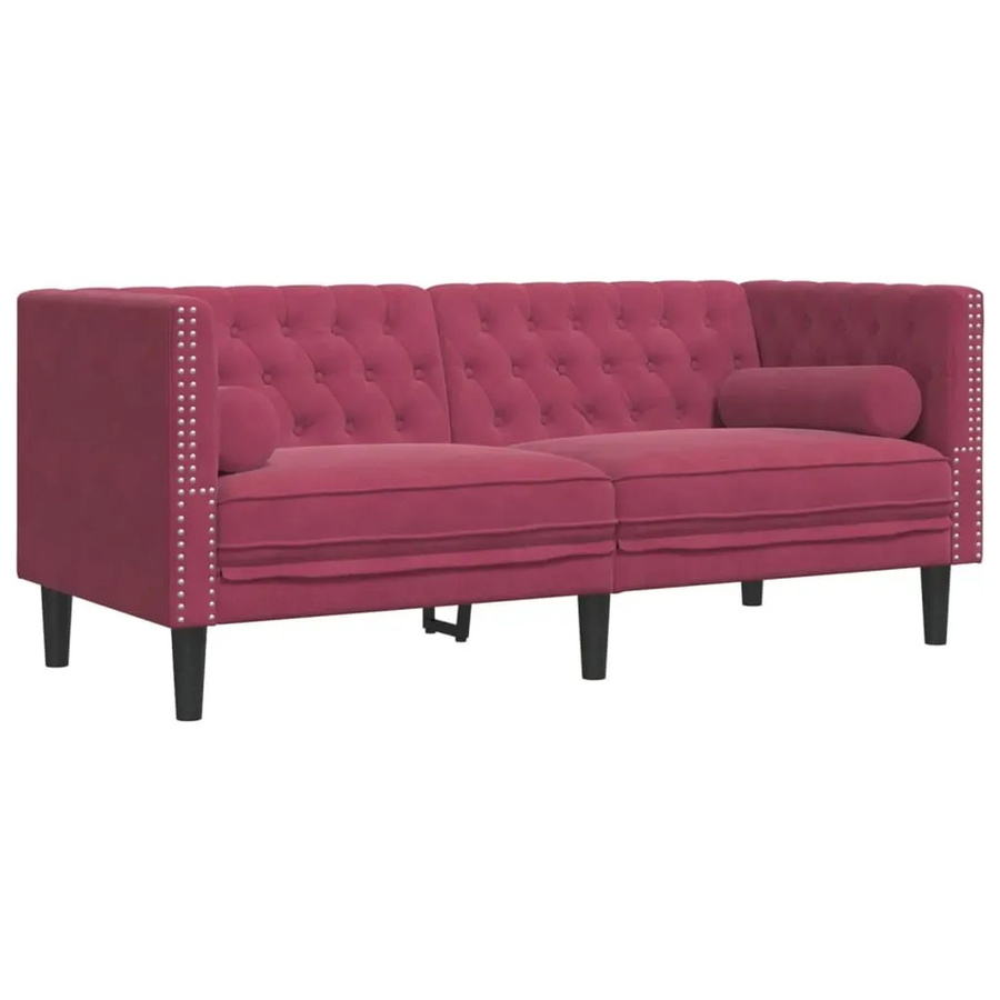 vidaXL Chesterfield-Sofa 2-Sitzer aus Samt in Weinrot mit Nackenrollen und Massivholzrahmen B: 174,0 cm, H: 74,5 cm, T: 70,5 cm - Bild 2