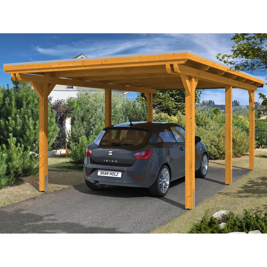 Skan Holz Einzelcarport Emsland aus Leimholz Fichte mit Aluminium-Dachplatten in Braun, Breite: 354 cm, Tiefe: 604 cm, Höhe: 238 cm - Bild 2