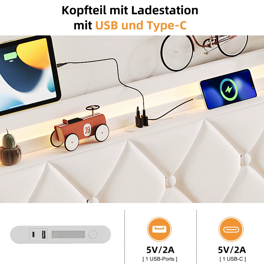 Rosahqnda Polsterbett mit LED-Beleuchtung und USB-Ladestation, Einzelbett aus Samt mit hydraulischem Stauraum und Metallrahmen, B/T: 90 x 200 cm, Beige/Grau - Bild 3
