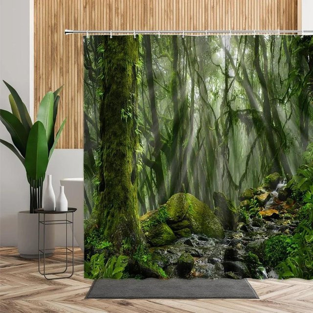 Wasserabweisender 3D-Duschvorhang von Dunika Chen mit tropischem Wald-Motiv in Grün, B: 90 cm, H: 165 cm - Bild 1