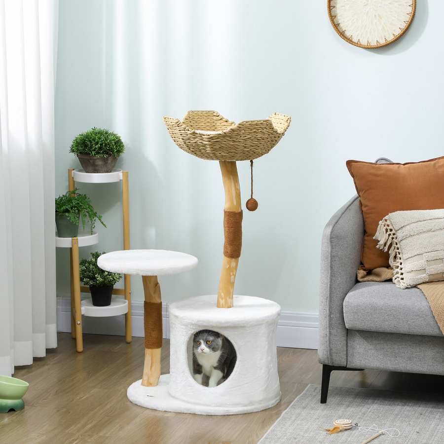 PawHut Kratzbaum in Weiß mit Höhle, Plattform und waschbarem Kissen, Höhe: 102 cm - Bild 2