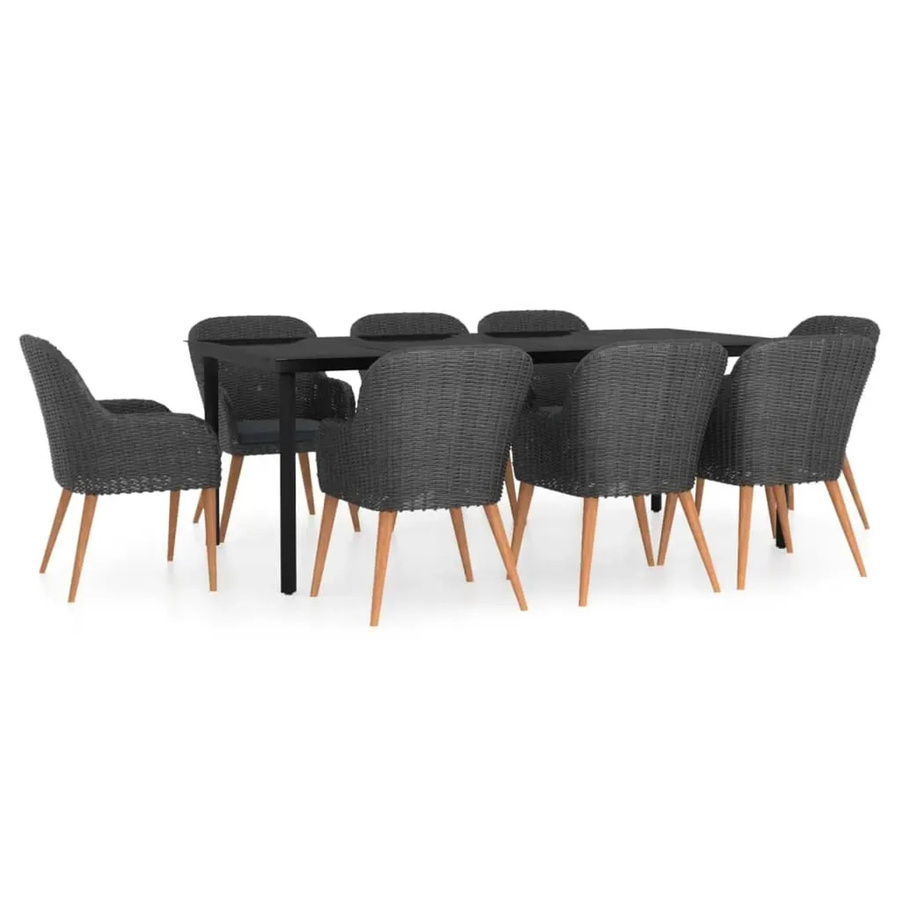 vidaXL 9-teilige Garten-Essgruppe aus PE-Rattan und Akazienholz mit Kissen in Schwarz und Dunkelgrau - Bild 2