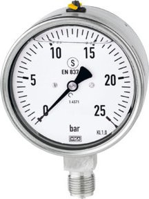 Riegler Glyzerinmano Druckmesser aus CrNi-Stahl in Silber, Messbereich 0-25,0 bar, Anschluss G 1/4 unten, Durchmesser 63 mm - Bild 1