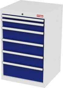 STIER Schubladenschrank mit 6 Schubladen aus Stahl, B/T/H: 60,0 x 57,5 x 92,0 cm, Farben: RAL 7035 Grau / RAL 5010 Blau - Bild 1