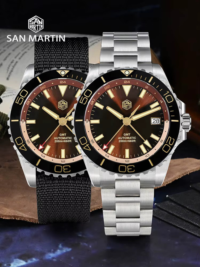 San Martin Armbanduhr GMT, Automatik, Edelstahl, 39 mm, Herren, Grün - Bild 2