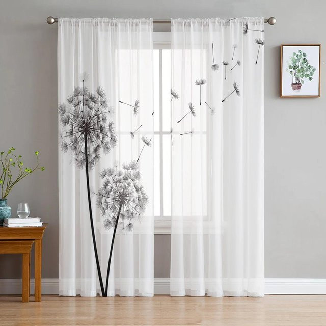 Yiran Furniture Transparente Chiffon-Vorhänge mit Löwenzahn-Libelle-Motiv in Weiß, 2er-Set, B: 135 cm, H: 115 cm - Bild 1