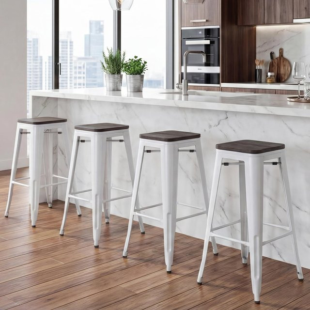 4er-Set Barhocker MCW-A73 in Weiß mit Holz-Sitzfläche und Metallgestell im Industriedesign, stapelbar - Bild 1