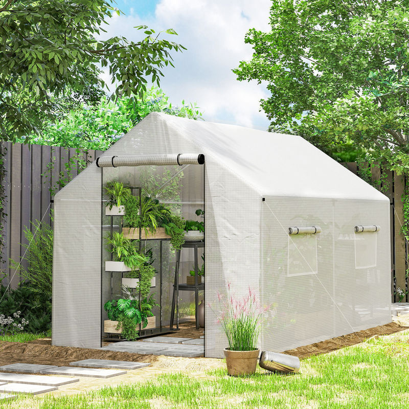Outsunny Gewächshaus Weiß, B/T/H: 300 x 200 x 200 cm, UV-beständiges Foliengewächshaus mit Rollbar-Reißverschlusstür, Moskitonetz und 4 Fenstern - Bild 2