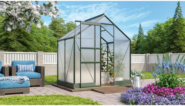 Vitavia Gewächshaus Apollo 2500 HKP Smaragd Vorzugsset mit 6 mm Polycarbonat, Stahlfundamentrahmen, Dachfenster, Regenrinnen und kugelgelagerter Schiebetür - Bild 1