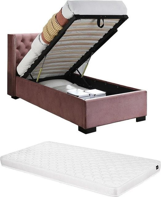 Vente-unique Bett Massimo mit Bettkasten in Rosa, Polsterbett aus Samt mit Aufstehfunktion, Breite: 90 cm, Tiefe: 200 cm, Höhe: 111 cm, Breite: 107,5 cm, Höhe: 214,5 cm - Bild 1