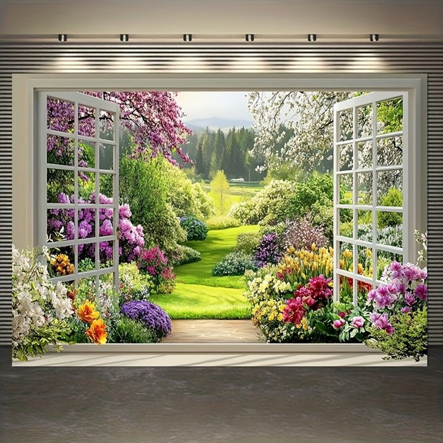 VIKAMA Fensterdekoration mit Frühlingsmotiv und floralem Blumenmeer-Hintergrundtuch in Multicolour, B/H: 60 x 40 cm - Bild 1