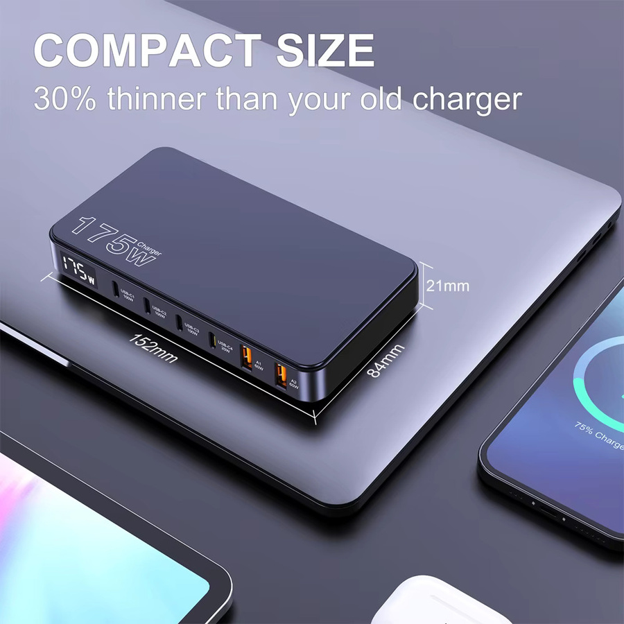 Ueetop 175 W GaN USB-C Desktop-Ladegerät mit LED-Anzeige, 6-Port Schnellladestation mit PD 100 W und PPS 45 W für MacBook, Samsung und iPhone, Schwarz - Bild 4