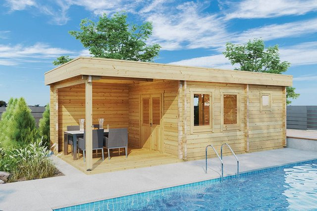 Hansagarten24 Gartensauna Lucas E in Braun aus Nordischer Fichte mit Terrasse, Waschraum und Ruheraum, B/T/H: 8 x 4 m - Bild 1