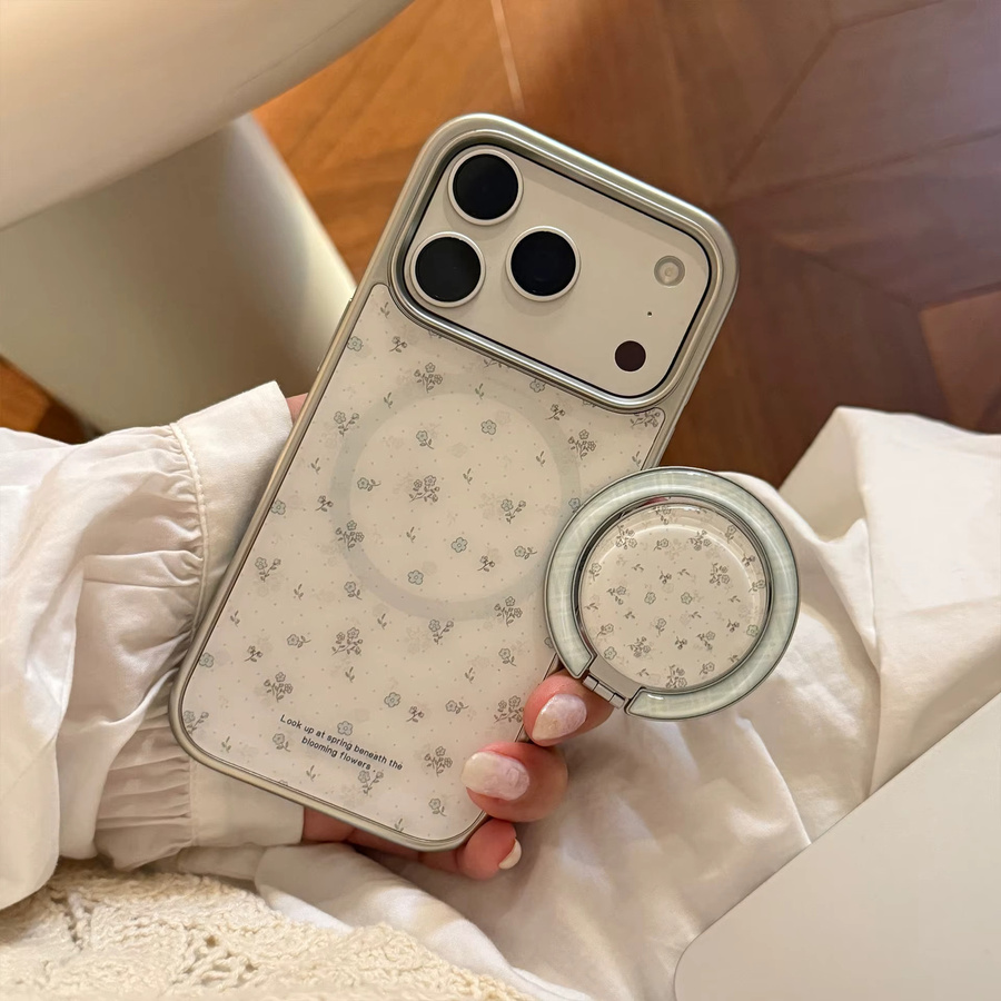 INS Frühlings-Handyhülle mit Blumenmuster und silbernem Rand inklusive magnetischem Halter, stoßfest, für iPhone 17 16 15 14 Pro Max, weiß/mehrfarbig/silber - Bild 2
