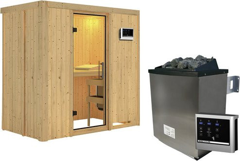 Karibu Sauna Pärnu aus Fichtenholz mit 9 kW Saunaofen und externer Steuerung für 2 Personen, beige, B/T/H: 198 x 118 x 196 cm - Bild 1