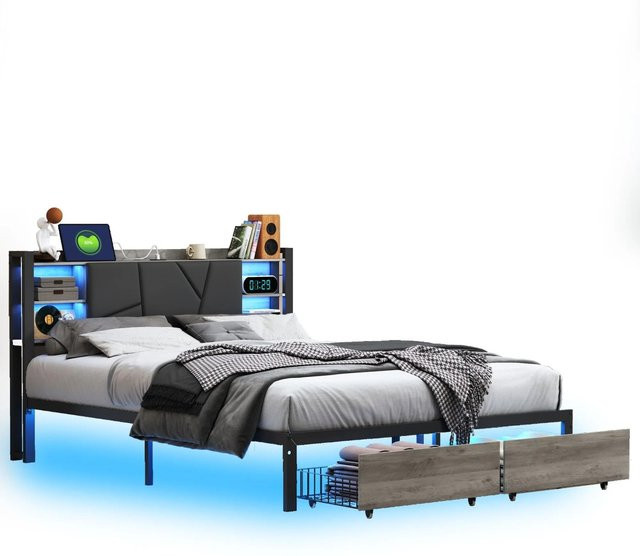 PXloue Modernes Eisenholzbett in Schwarz mit Schubladen, USB-Ladefunktion und Unterbettbeleuchtung, B/T/H: 140 x 200 x 141 cm - Bild 1