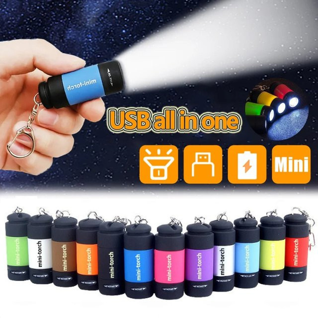 Multifunktionale Mini LED-Taschenlampe als USB-wiederaufladbarer Schlüsselanhänger in Schwarz oder Blau mit starkem Licht und wasserdichter Funktion für Outdoor, Wandern und Camping - Bild 1