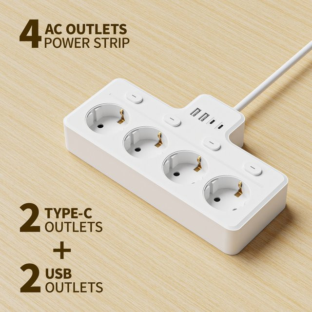 Guwansenen 8-in-1 EU-Stromversorgungsplatine in Weiß mit 4 AC-Steckdosen und 2 USB-C Anschlüssen als Desktop-Wandladestation - Bild 1